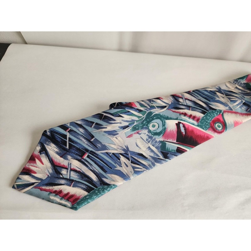 Royal Knight Mens Silk Tie Abstract Tropical Floral Blue Pink Teal Vintage Style